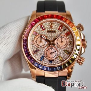 Rolex Daytona Rainbow Taşlı 4130 Super Clone Eta Mekanizma 316L Rose Çelik Kasa Taşlı Kadran Ve Bezel