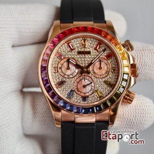 Rolex Daytona Rainbow Taşlı 4130 Super Clone Eta Mekanizma 316L Rose Çelik Kasa Taşlı Kadran Ve Bezel