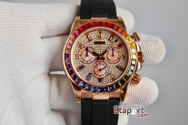 Rolex Daytona Rainbow Taşlı 4130 Super Clone Eta Mekanizma 316L Rose Çelik Kasa Taşlı Kadran Ve Bezel