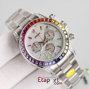 Rolex Daytona Rainbow Taşlı Super Clone 4130 Eta Mekanizma 316L Çelik Kasa Taşlı Kadran Ve Bezel