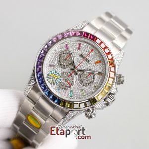 Rolex Daytona Rainbow Taşlı Super Clone 4130 Eta Mekanizma 316L Çelik Kasa Taşlı Kadran Ve Bezel