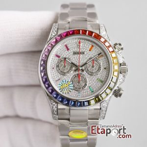 Rolex Daytona Rainbow Taşlı Super Clone 4130 Eta Mekanizma 316L Çelik Kasa Taşlı Kadran Ve Bezel