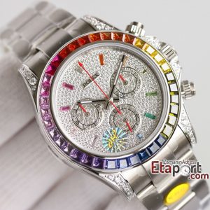 Rolex Daytona Rainbow Taşlı Super Clone 4130 Eta Mekanizma 316L Çelik Kasa Taşlı Kadran Ve Bezel