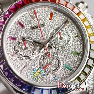 Rolex Daytona Rainbow Taşlı Super Clone 4130 Eta Mekanizma 316L Çelik Kasa Taşlı Kadran Ve Bezel