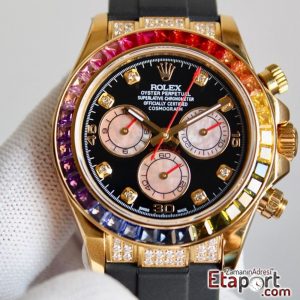 Rolex Daytona Taşlı Rainbow 4130 Super Clone Eta Mekanizma 316L Gold Çelik Kasa Taşlı Kadran Ve Bezel