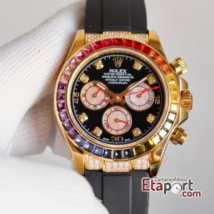 Rolex Daytona Taşlı Rainbow 4130 Super Clone Eta Mekanizma 316L Gold Çelik Kasa Taşlı Kadran Ve Bezel