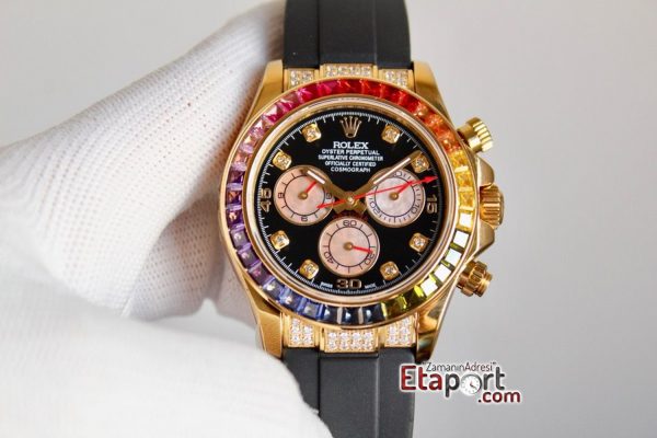 Rolex Daytona Taşlı Rainbow 4130 Super Clone Eta Mekanizma 316L Gold Çelik Kasa Taşlı Kadran Ve Bezel