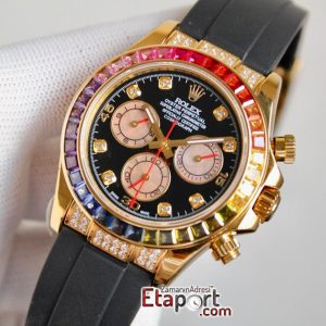 Rolex Daytona Taşlı Rainbow 4130 Super Clone Eta Mekanizma 316L Gold Çelik Kasa Taşlı Kadran Ve Bezel