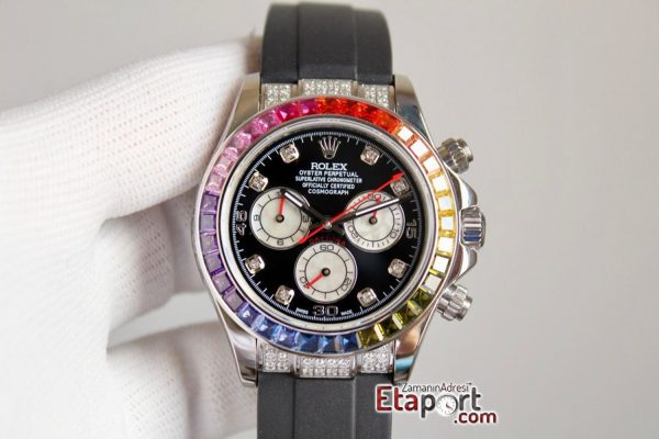 Rolex Daytona Taşlı Rainbow Super Clone 4130 Eta Mekanizma 316L Çelik Kasa Taşlı Kadran Ve Bezel